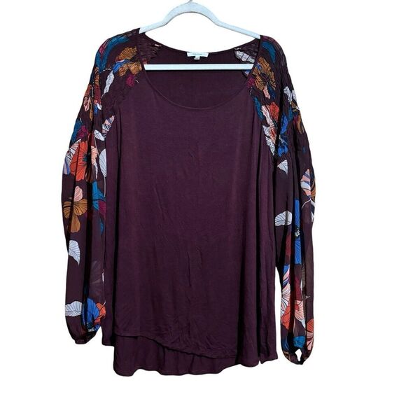 Maurices Top Womens 2X Multicolor Floral Sleeves Round Neck Stretch Blouse - Picture 1 of 9